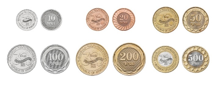 Դրամի 30-ամյակի կապակցությամբ շրջանառության մեջ են դրվել 10–500 դրամ անվանական արժեքով հիշատակային մետադրամներ 